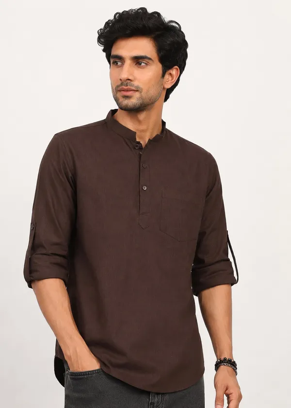 Brown___Mandarin_Collar_Short_Kurta_for_Men