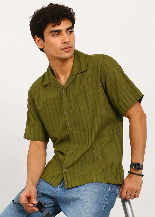 Olive_Green_Striped_Short_Sleeve_Shirt_for_Men