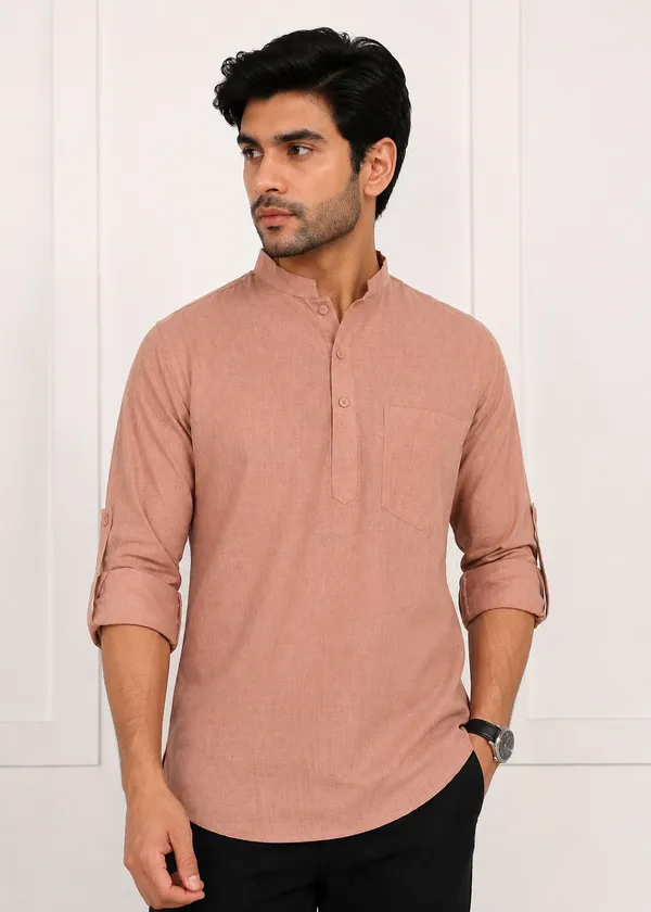 Peach___Mandarin_Collar_Long_Sleeve_Kurta_for_Men