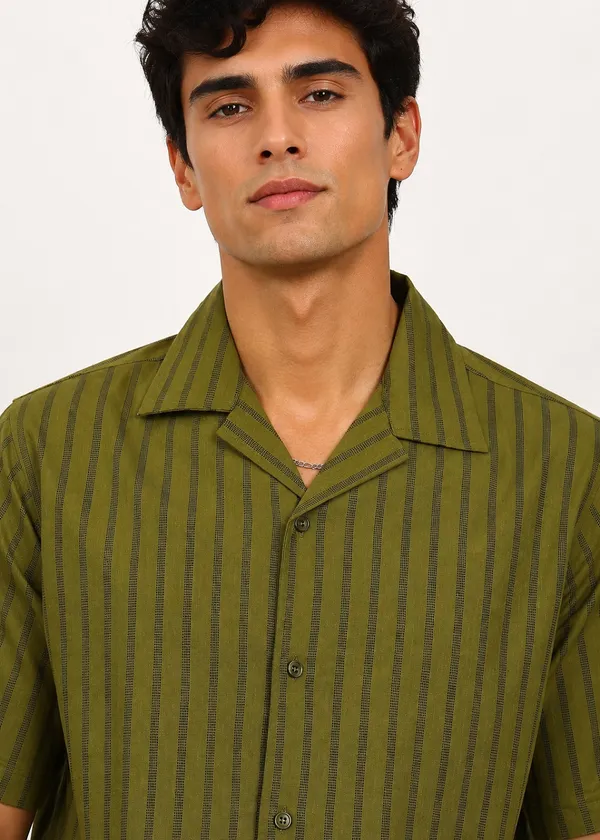 Olive_Green_Striped_Short_Sleeve_Shirt_for_Men