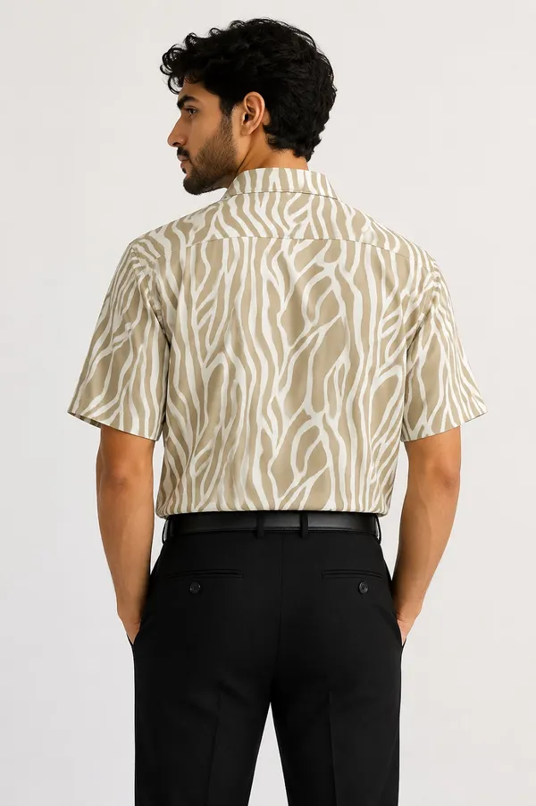 Beige_And_White_Wavy_Striped_Short_Sleeve_Shirt_For_Men