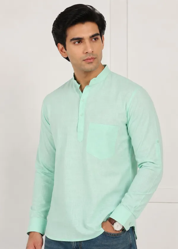 Light_Green_Linen_Mandarin_Collar_Short_Kurta_for_Men