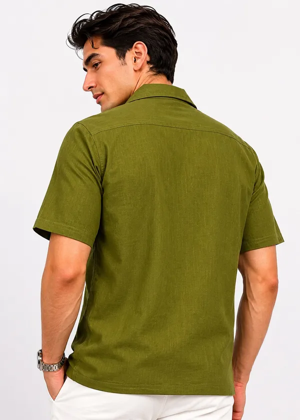Olive_Green_Linen_Short_Sleeve_Shirt_for_Men