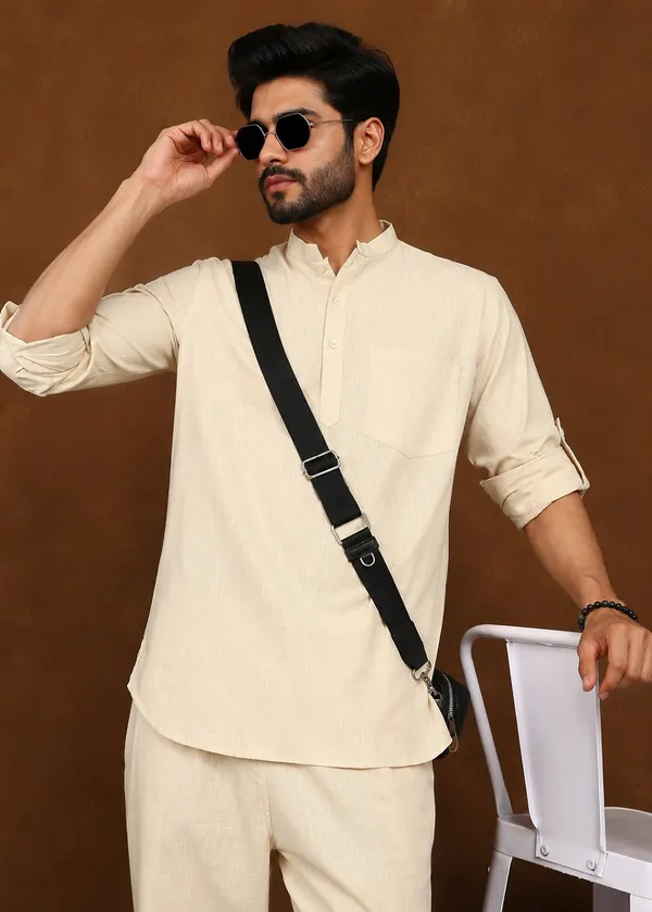Beige___Mandarin_Collar_Kurta_Pyjama_Set_for_Men