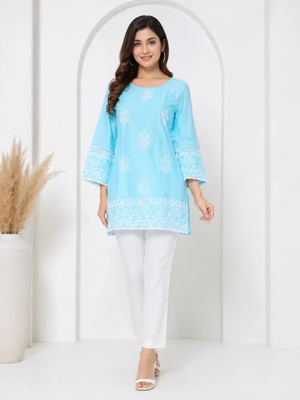 Sky_Blue_Printed__Short_Kurti_for_Women