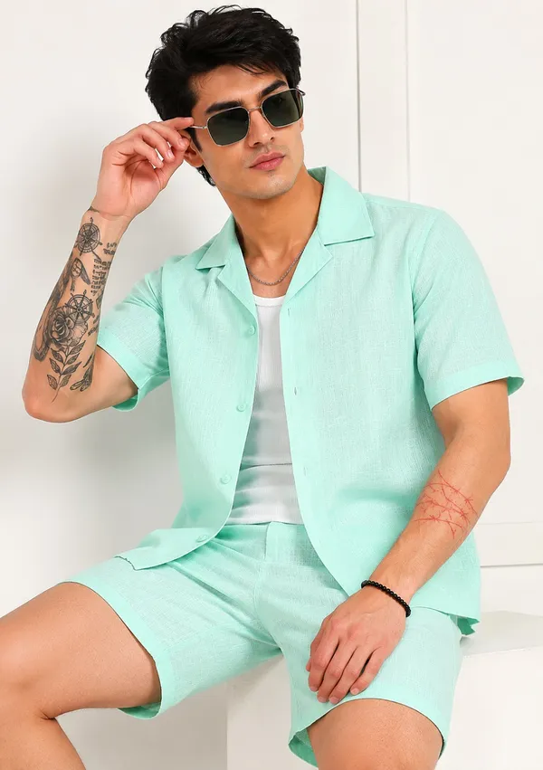 Mint_Green_Linen_Shirt_And_Shorts_Co-Ord_Set_For_Men