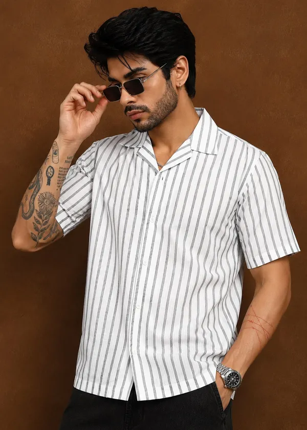 White_Grey_Striped_Short_Sleeve_Casual_Shirt_for_Men