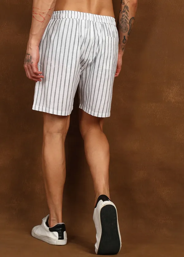 White_And_Grey_Striped_Drawstring_Shorts_For_Men