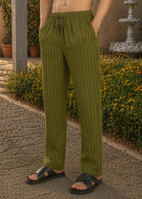Olive_Green_Striped___Drawstring_Pants_for_Men
