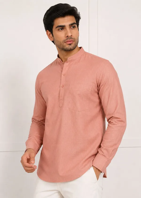 Peach___Mandarin_Collar_Long_Sleeve_Kurta_for_Men