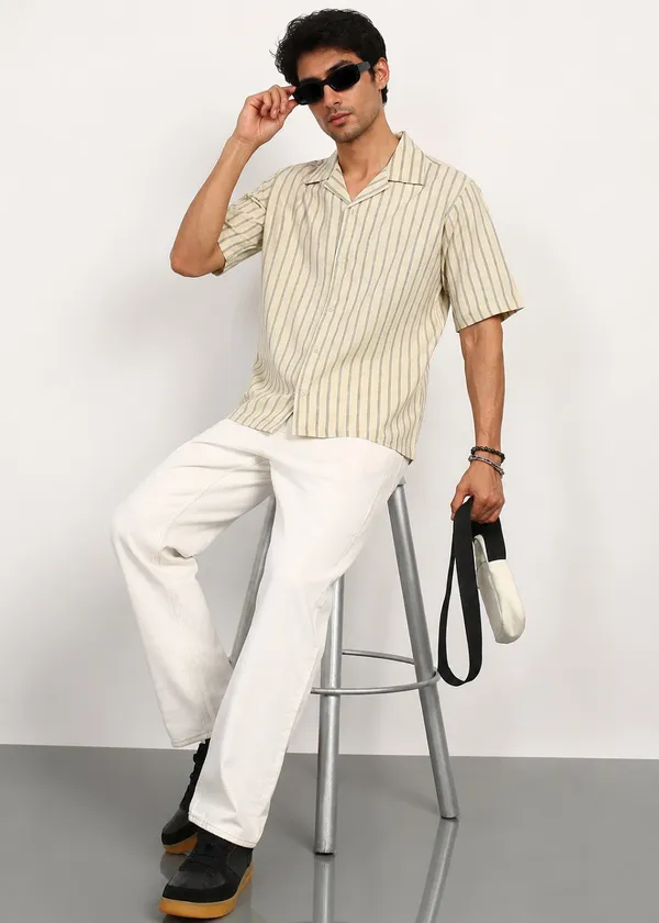 Beige_Striped_Short_Sleeve_Casual_Shirt_for_Men