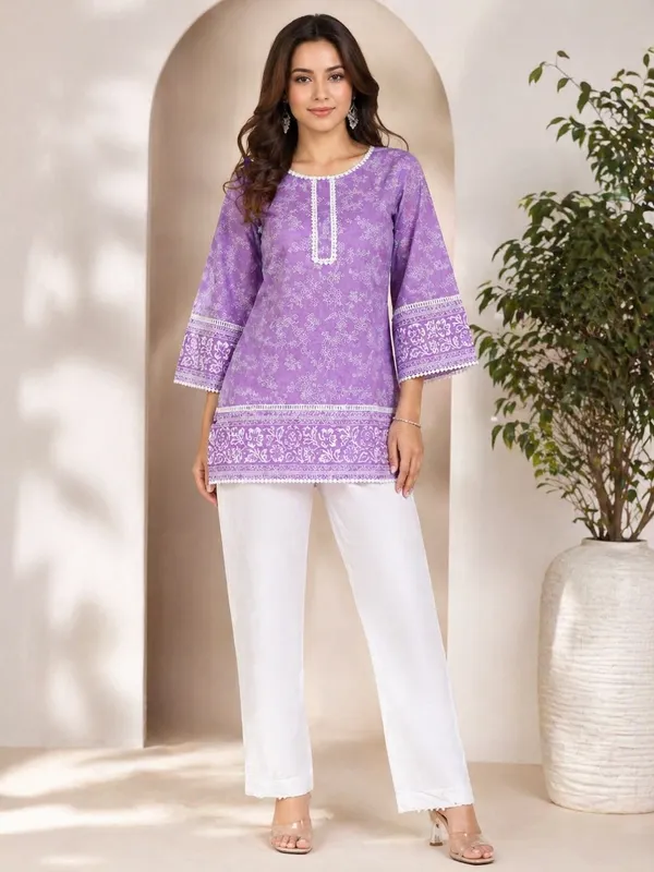 Lavender___Printed_Short_Kurti_with_White_Lace_Detailing_for_Women