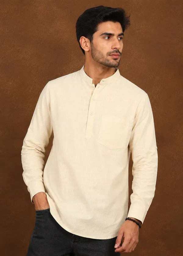 Beige___Mandarin_Collar_Short_Kurta_for_Men