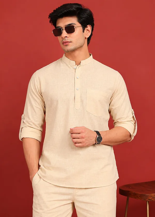 Beige___Mandarin_Collar_Kurta_Pyjama_Set_for_Men