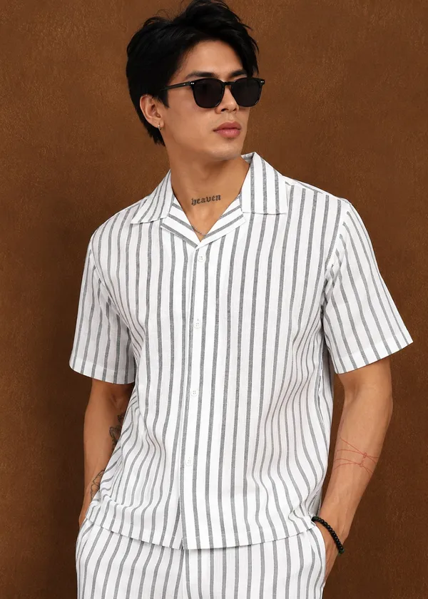 White_Striped___Shirt_And_Shorts_Co-Ord_Set_For_Men