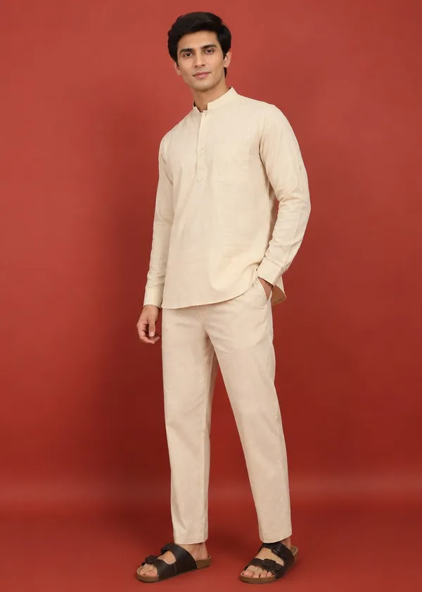 Beige___Mandarin_Collar_Kurta_Pyjama_Set_for_Men