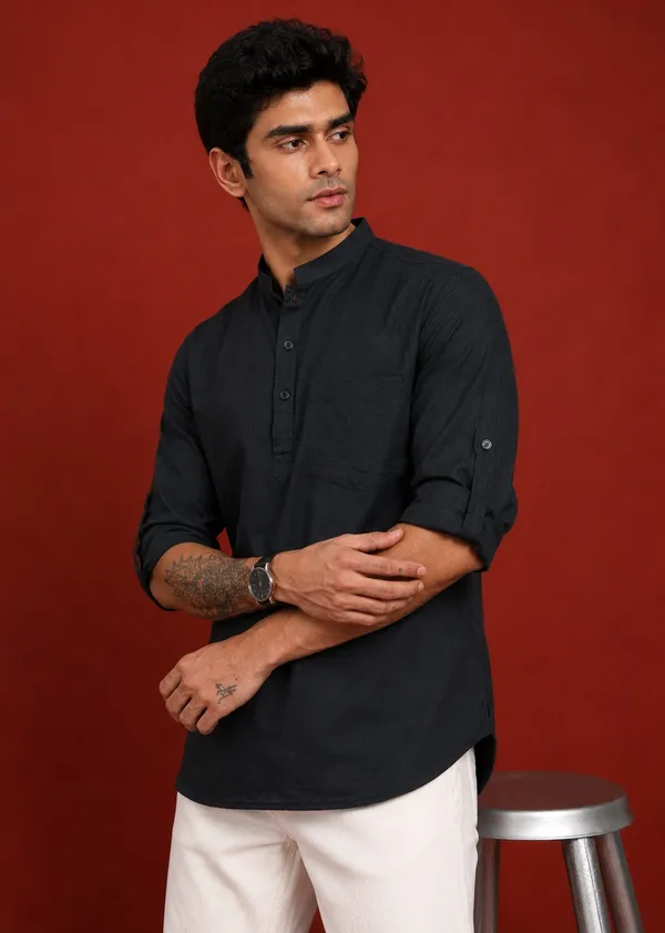 Black___Mandarin_Collar_Long_Sleeve_Kurta_for_Men