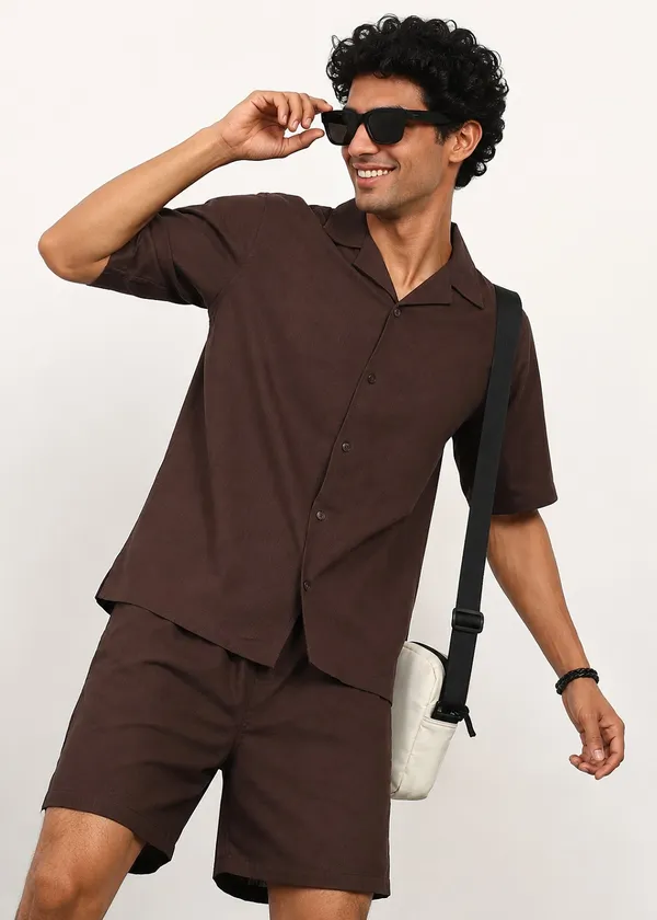 Brown_Short_Sleeve_Shirt_And_Shorts_Co-Ord_Set_For_Men