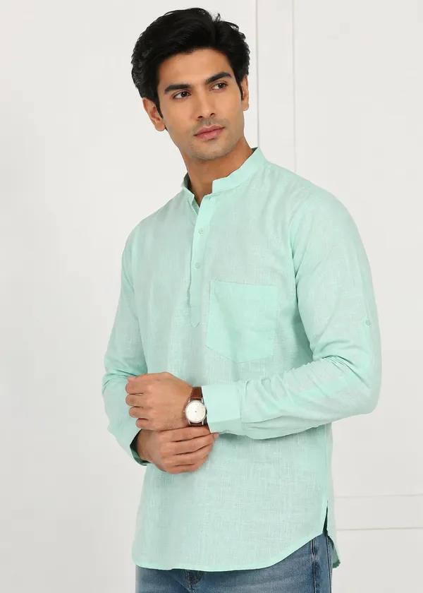 Light_Green_Linen_Mandarin_Collar_Short_Kurta_for_Men