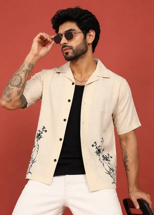 Beige_Floral_Printed_Short_Sleeve_Shirt_for_Men