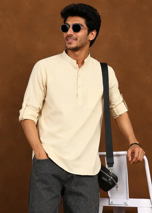Beige___Mandarin_Collar_Short_Kurta_for_Men