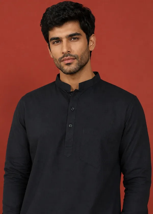 Black___Mandarin_Collar_Long_Sleeve_Kurta_for_Men