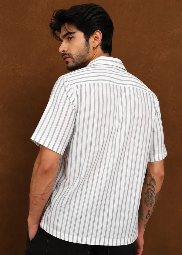 White_Grey_Striped_Short_Sleeve_Casual_Shirt_for_Men