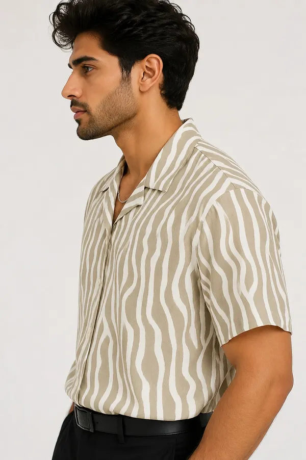 Beige_And_White_Wavy_Striped_Short_Sleeve_Shirt_For_Men