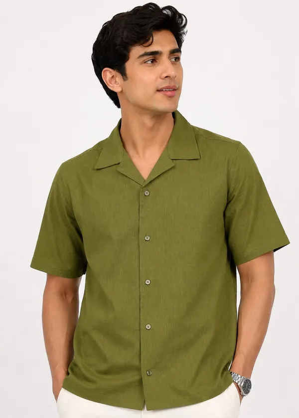 Olive_Green_Linen_Short_Sleeve_Shirt_for_Men