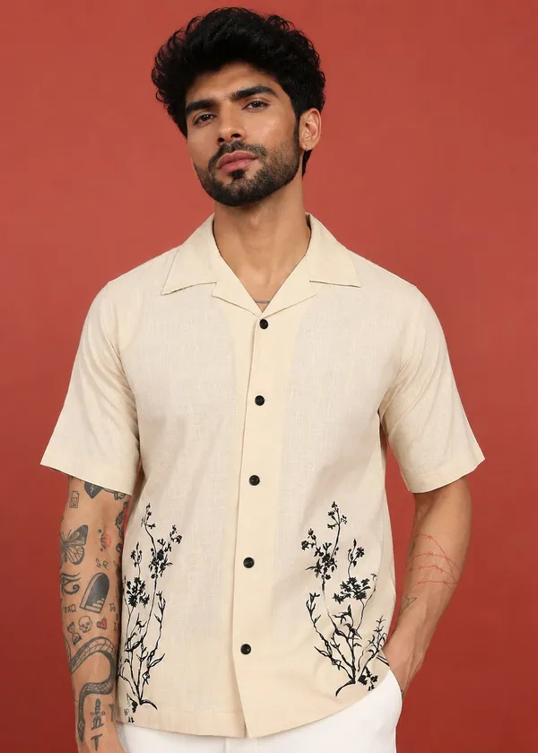 Beige_Floral_Printed_Short_Sleeve_Shirt_for_Men