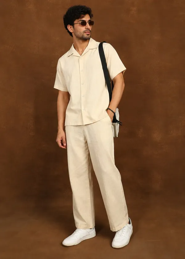 Cream_Linen_Short_Sleeve_Shirt_And_Trouser_Co-Ord_Set_For_Men