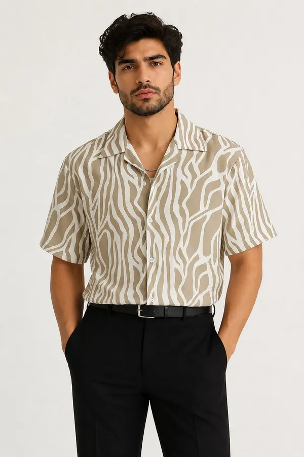 Beige_And_White_Wavy_Striped_Short_Sleeve_Shirt_For_Men