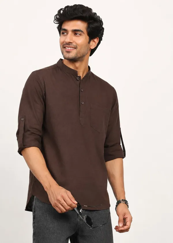 Brown___Mandarin_Collar_Short_Kurta_for_Men