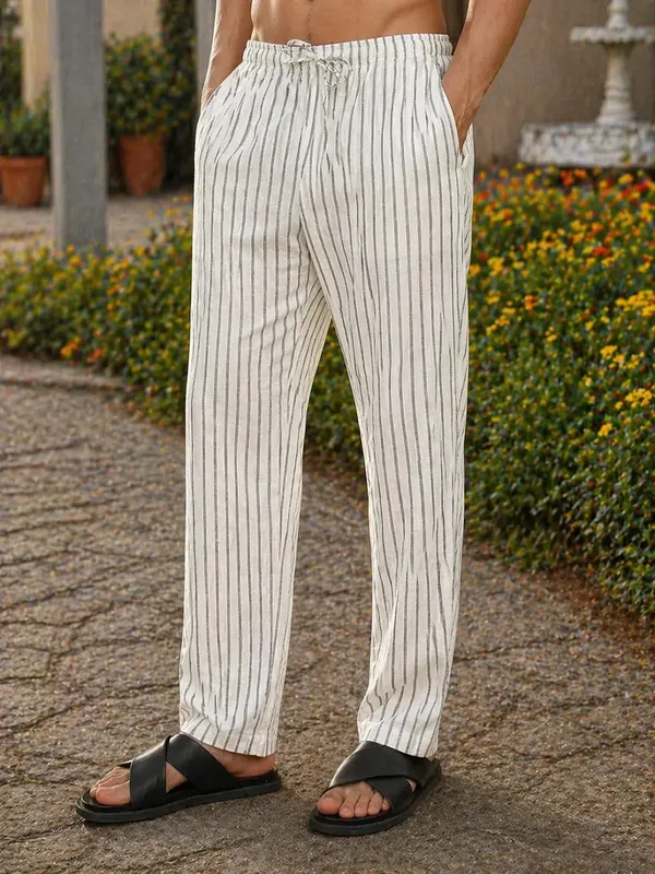 White_Striped___Drawstring_Pants_for_Men