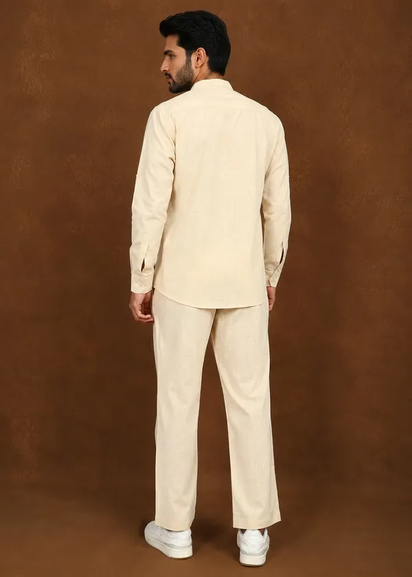 Beige___Mandarin_Collar_Kurta_Pyjama_Set_for_Men