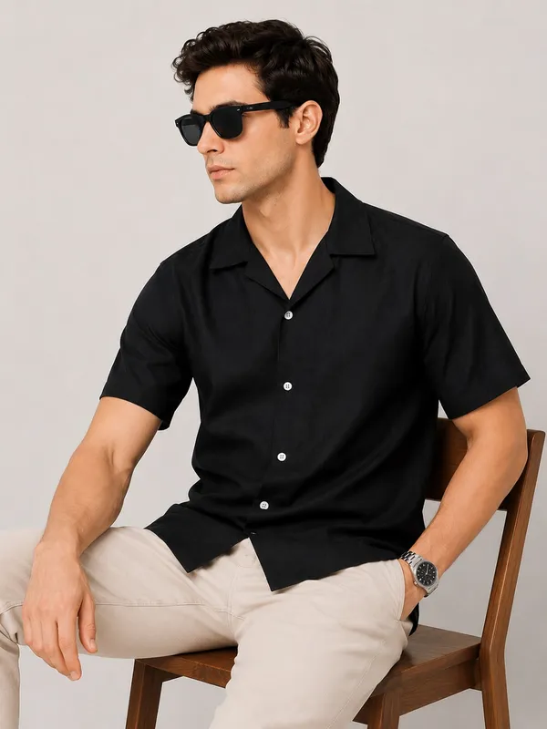 Black___Camp_Collar_Short_Sleeve_Shirt_for_Men
