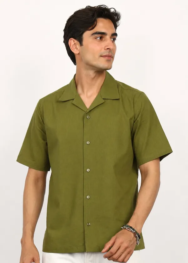 Olive_Green_Linen_Short_Sleeve_Shirt_for_Men