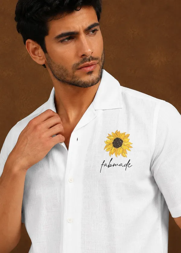 White_Linen_Sunflower_printed_Short_Sleeve_Shirt_for_Men