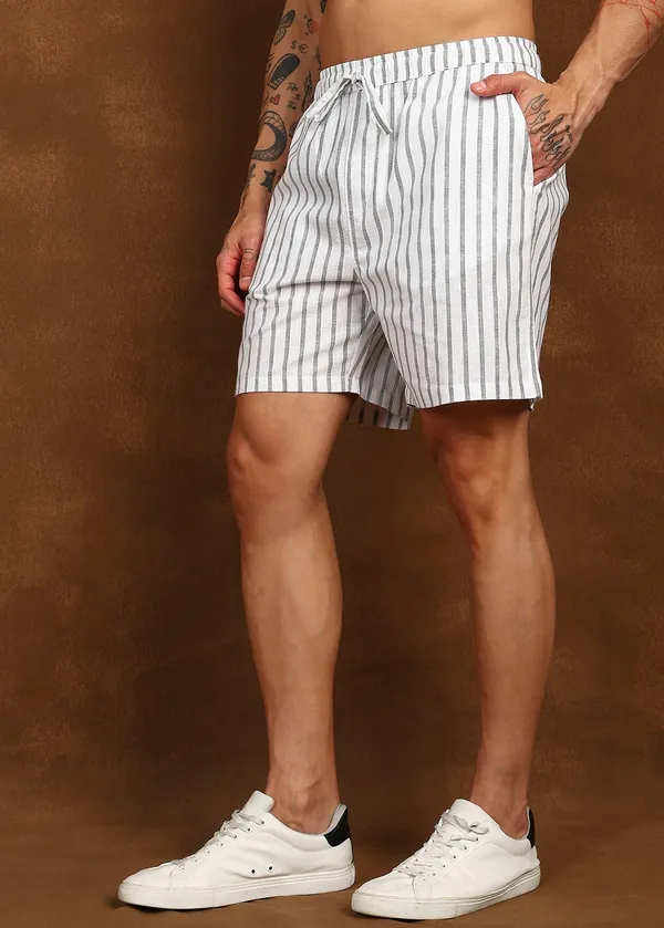 White_And_Grey_Striped_Drawstring_Shorts_For_Men