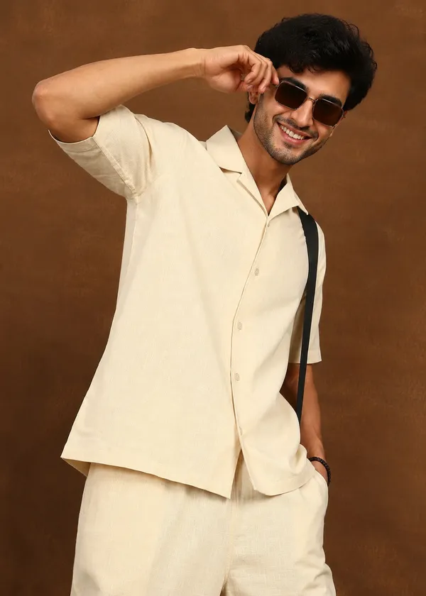 Cream_Linen_Short_Sleeve_Shirt_And_Trouser_Co-Ord_Set_For_Men
