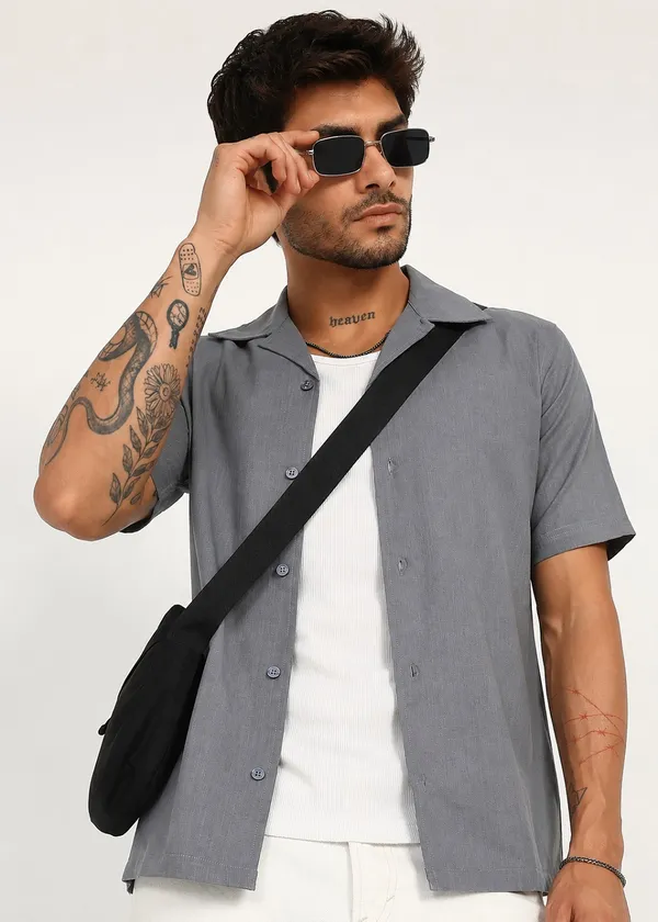 Grey_Short_Sleeve_Camp_Collar_Shirt_for_Men