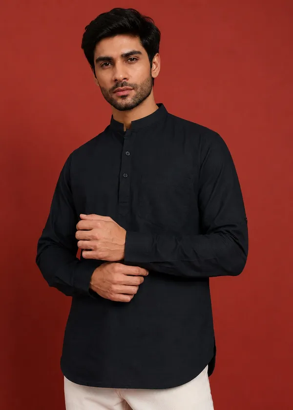 Black___Mandarin_Collar_Long_Sleeve_Kurta_for_Men
