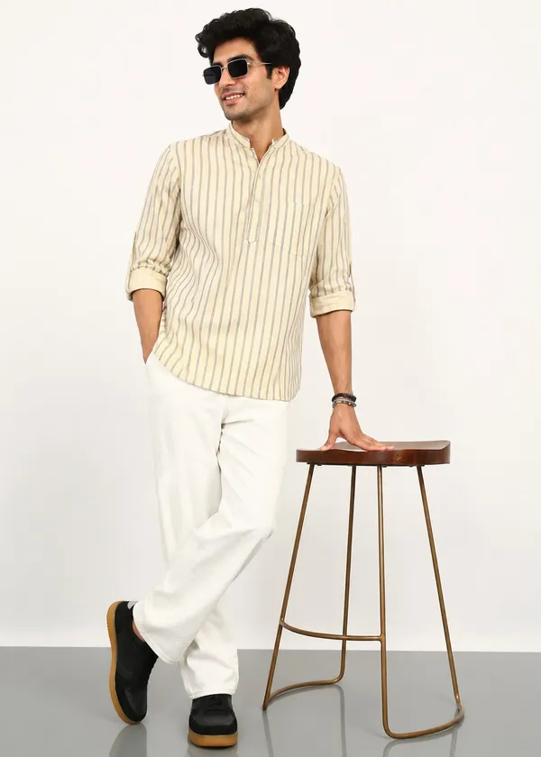 Beige_Black_Striped___Mandarin_Collar_Kurta_for_Men