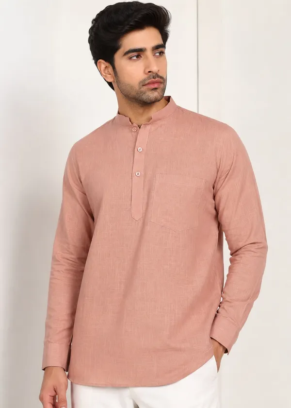 Peach___Mandarin_Collar_Long_Sleeve_Kurta_for_Men