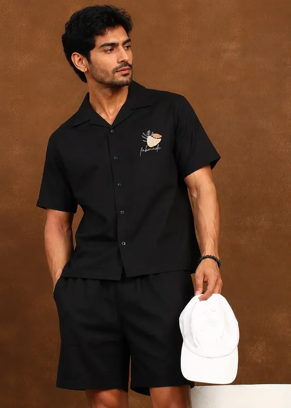 Black_Handmade_printed_Shirt_And_Shorts_Set_For_Men