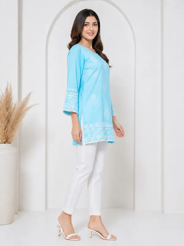 Sky_Blue_Printed__Short_Kurti_for_Women