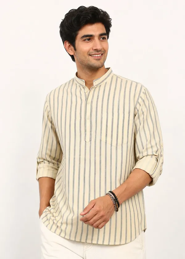 Beige_Black_Striped___Mandarin_Collar_Kurta_for_Men