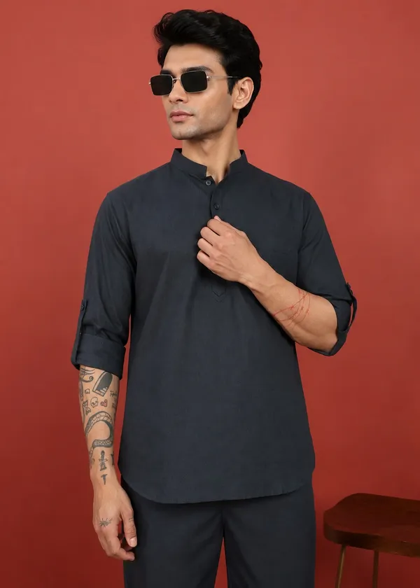 Black___Mandarin_Collar_Kurta_Pyjama_Set_for_Men