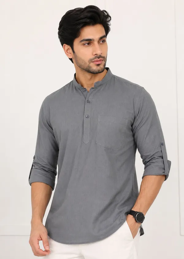 Grey___Mandarin_Collar_Casual_Short_Kurta_for_Men