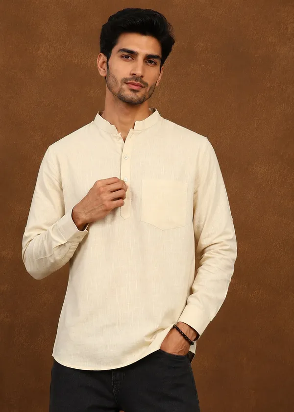 Beige___Mandarin_Collar_Short_Kurta_for_Men